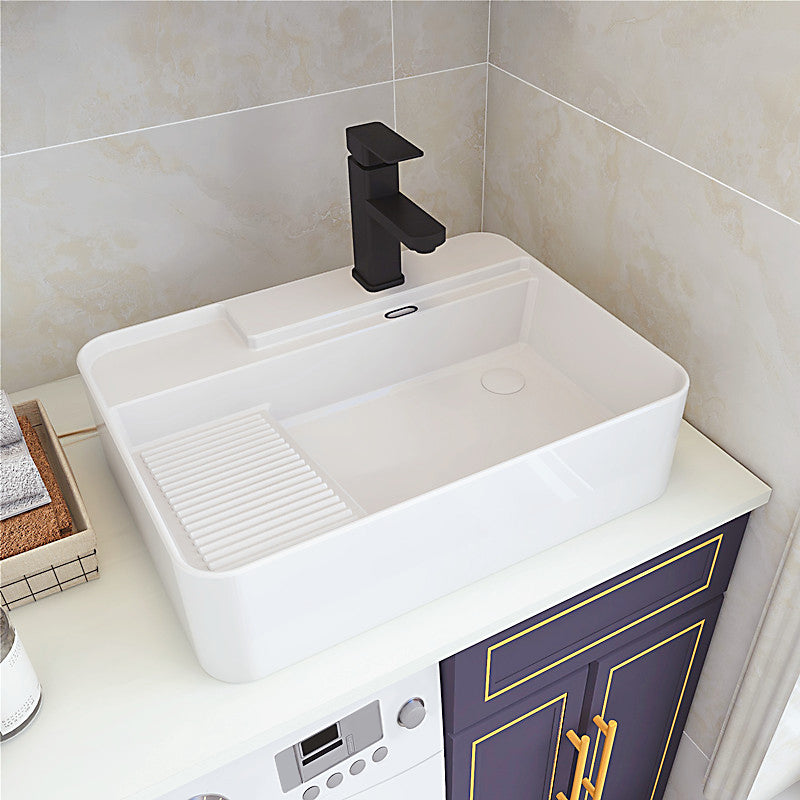Modern Bathroom Sink Porcelain Solid Color Rectangular Vessel with Pop-Up Drain