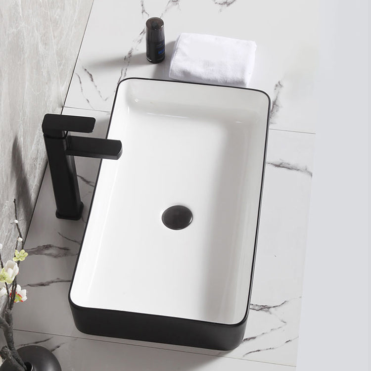 Contemporary Bathroom Sink Porcelain Pop-Up Drain Rectangular Vessel Bathroom Sink