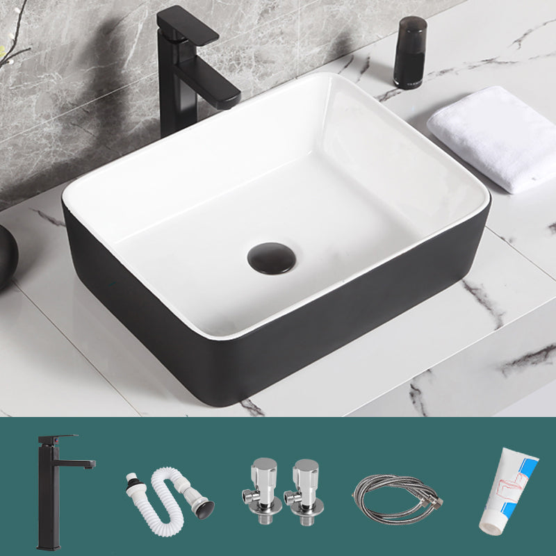 Contemporary Bathroom Sink Porcelain Pop-Up Drain Rectangular Vessel Bathroom Sink