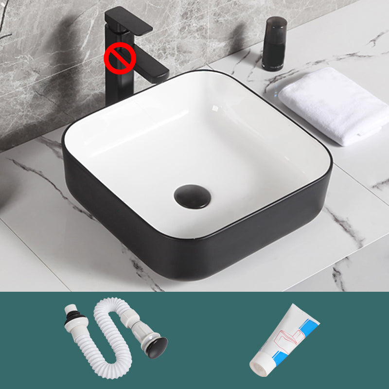 Contemporary Bathroom Sink Porcelain Pop-Up Drain Rectangular Vessel Bathroom Sink