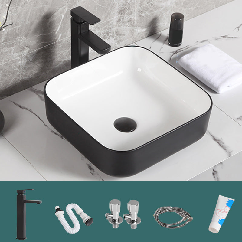 Contemporary Bathroom Sink Porcelain Pop-Up Drain Rectangular Vessel Bathroom Sink