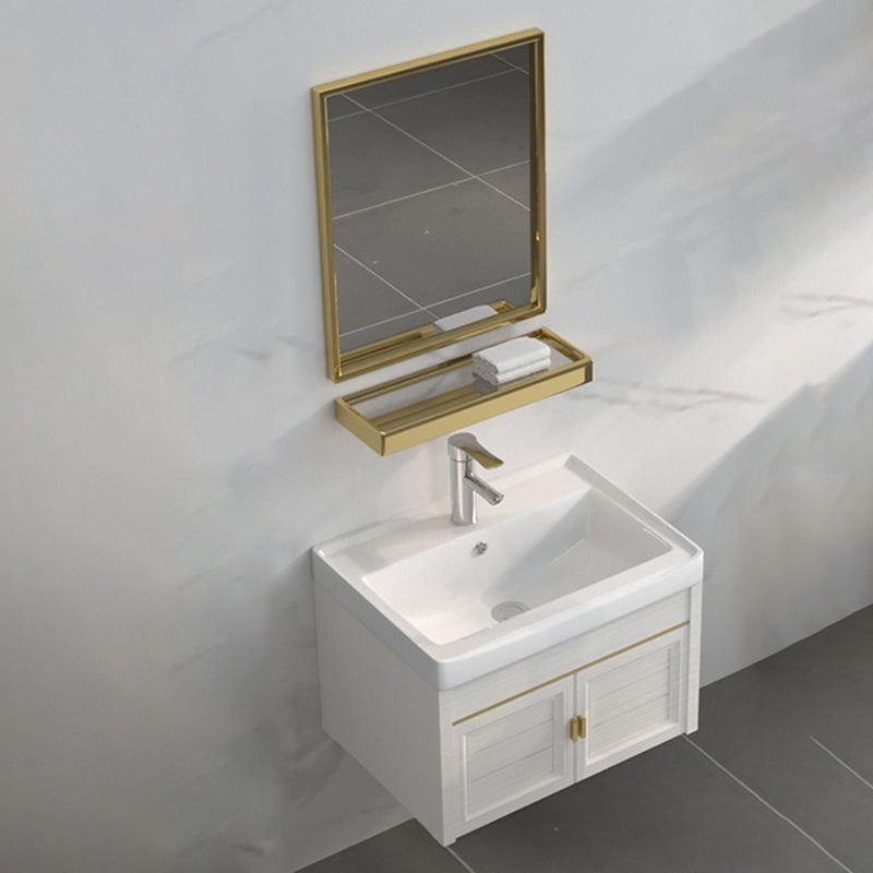 Single Sink Vanity Set Mirror Wall Mount Metal Frame Rectangle Bath Vanity with 2 Doors