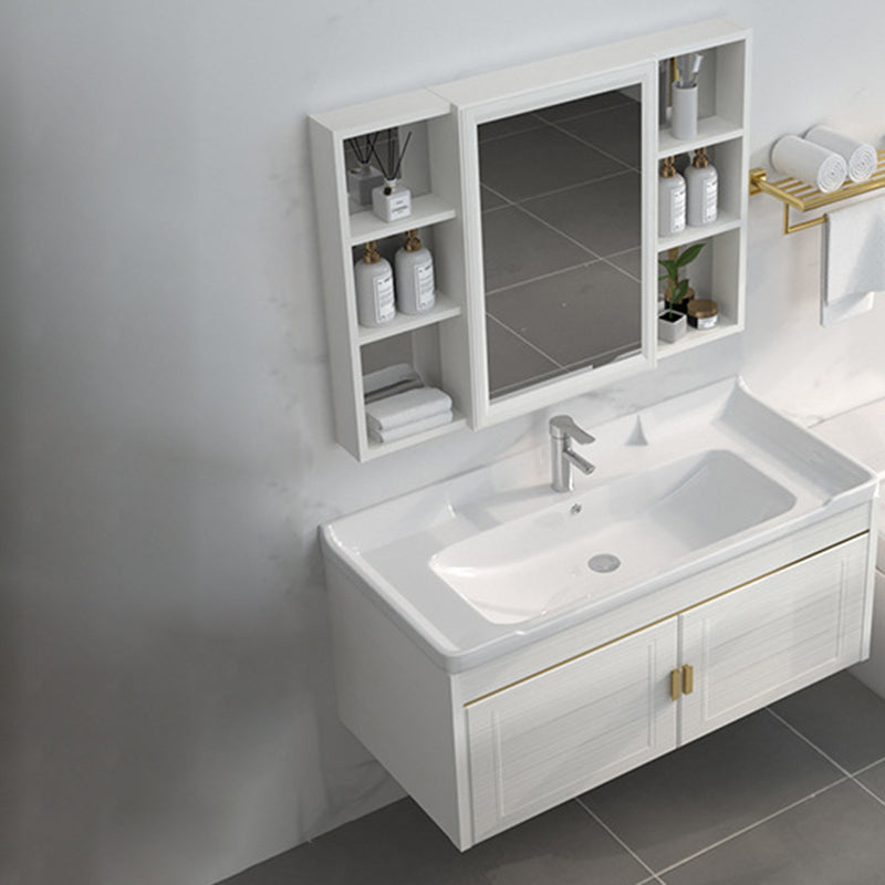 Single Sink Vanity Set Mirror Wall Mount Metal Frame Rectangle Bath Vanity with 2 Doors