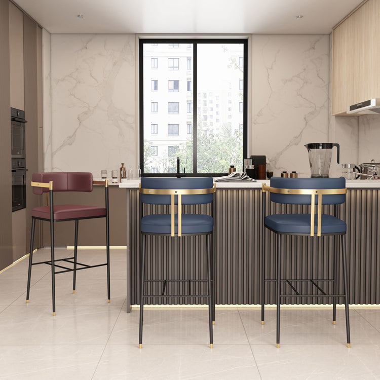 Leather Bar Stool Glam Backrest Counter Stool for Living Room with Black Legs