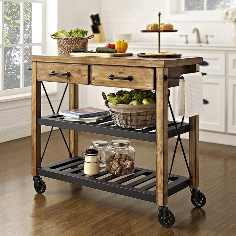 Pine Wood Kitchen Trolley Solid Wood Rolling Kitchen Island with Towel Rack