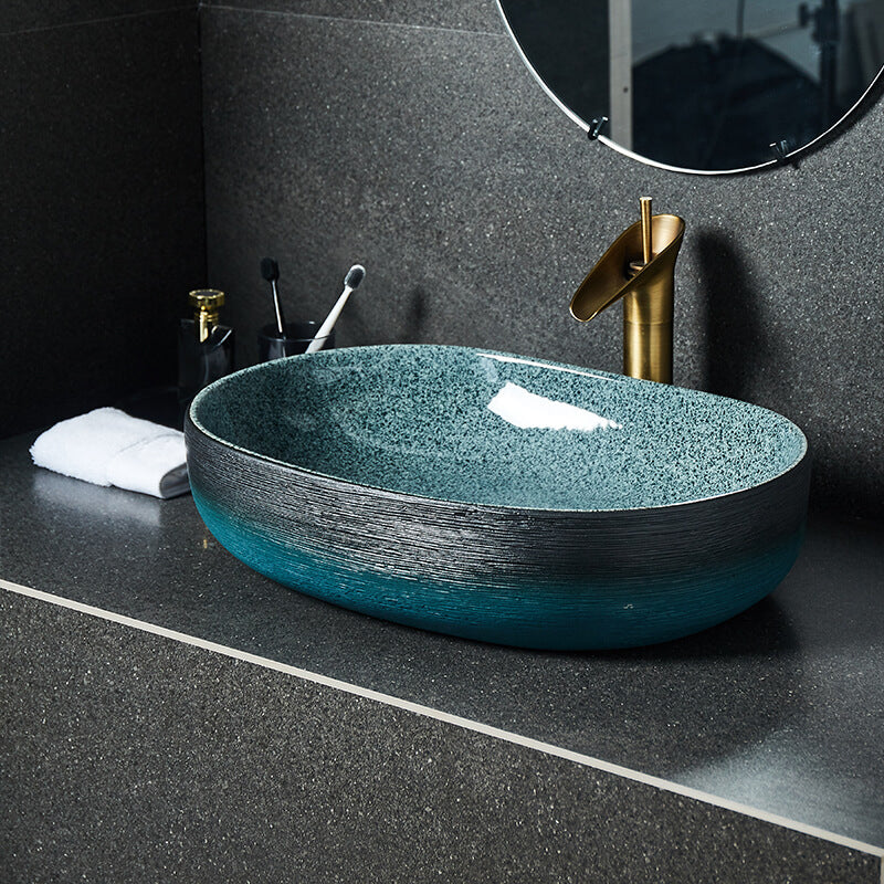 Traditional Vessel Sink Vitreous China Oval with Pop-Up Drain Bathroom Sink