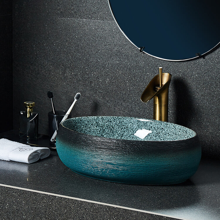 Traditional Vessel Sink Vitreous China Oval with Pop-Up Drain Bathroom Sink