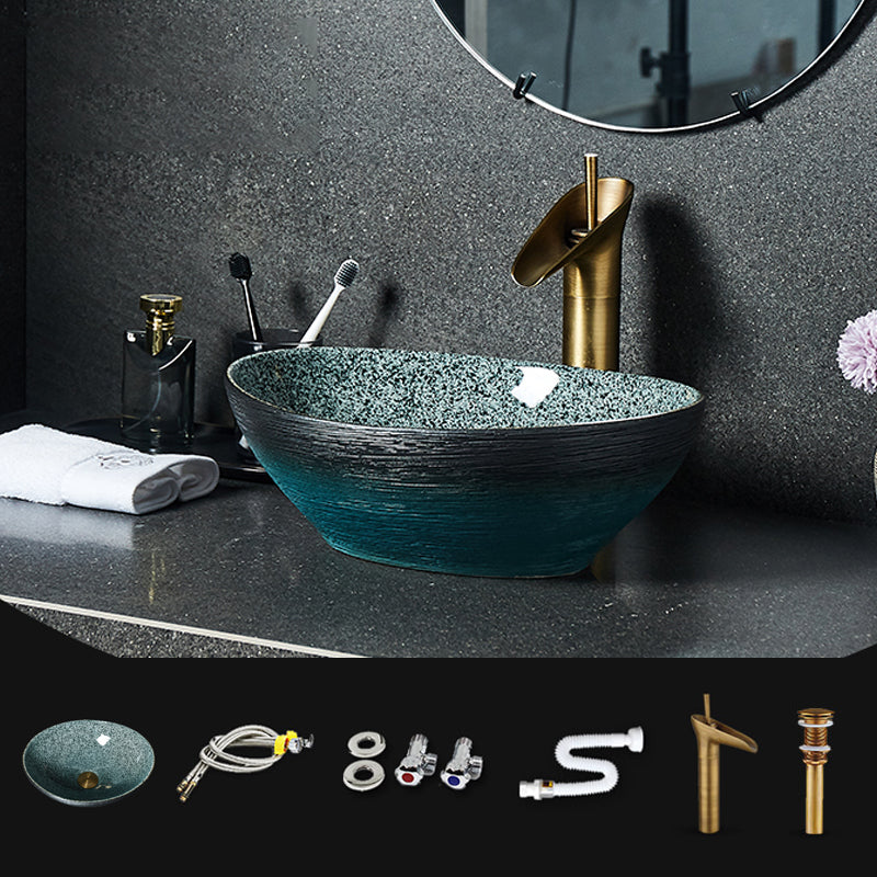 Traditional Vessel Sink Vitreous China Oval with Pop-Up Drain Bathroom Sink