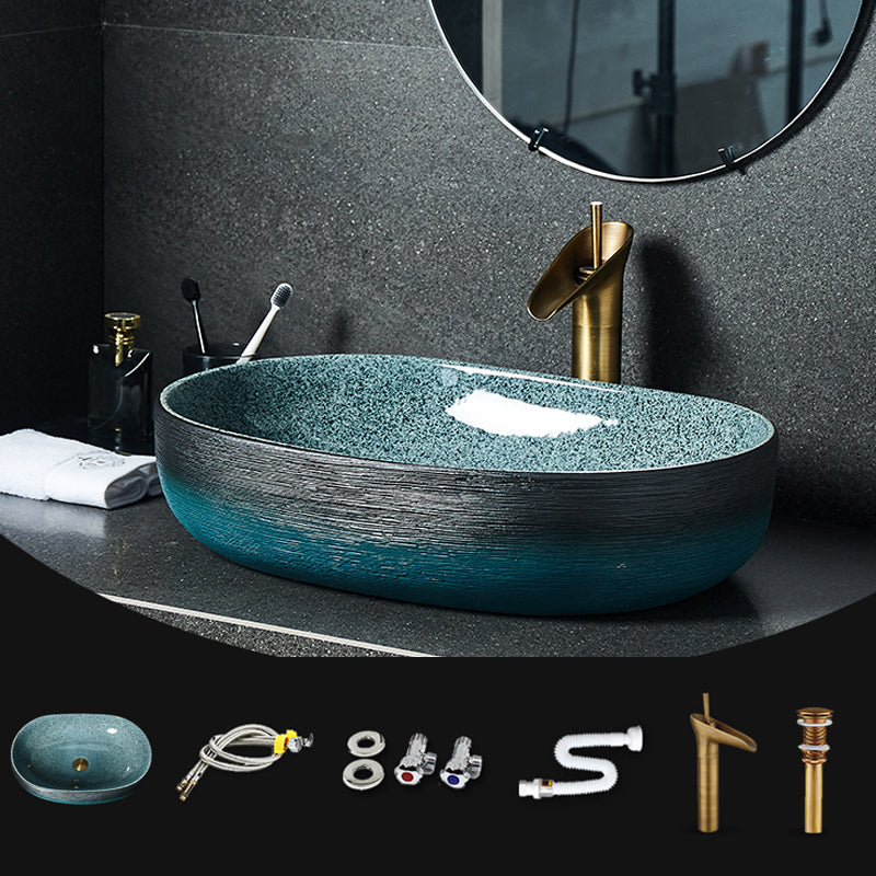 Traditional Vessel Sink Vitreous China Oval with Pop-Up Drain Bathroom Sink