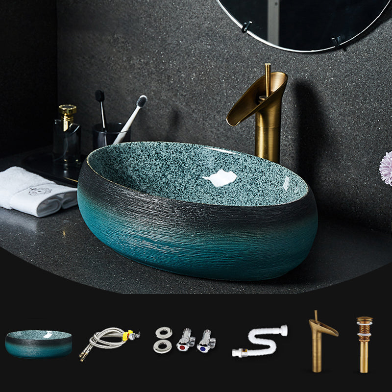 Traditional Vessel Sink Vitreous China Oval with Pop-Up Drain Bathroom Sink