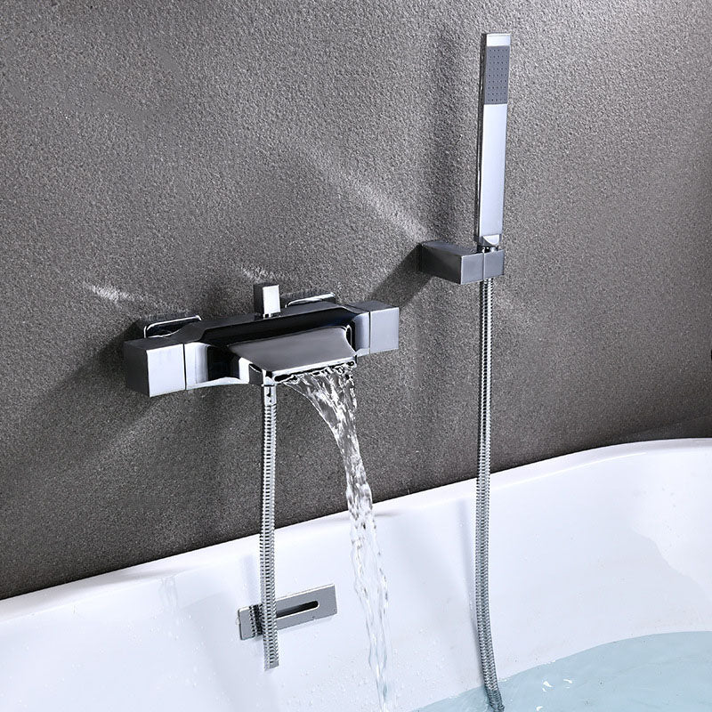 Contemporary Wall Mounted Metal Tub Filler Double Handles Waterfall Tub Faucet Trim