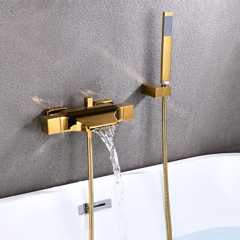 Contemporary Wall Mounted Metal Tub Filler Double Handles Waterfall Tub Faucet Trim
