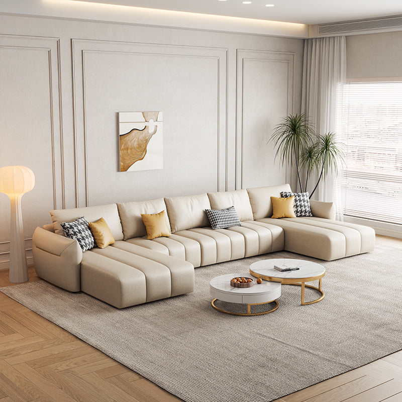 Contemporary Square Arm Loose Back Sofa and Chaise Beige Faux Leather U Sofa
