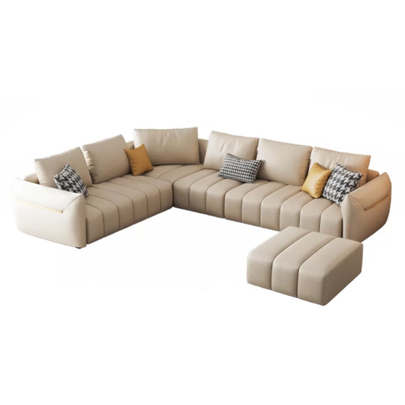 Contemporary Square Arm Loose Back Sofa and Chaise Beige Faux Leather U Sofa