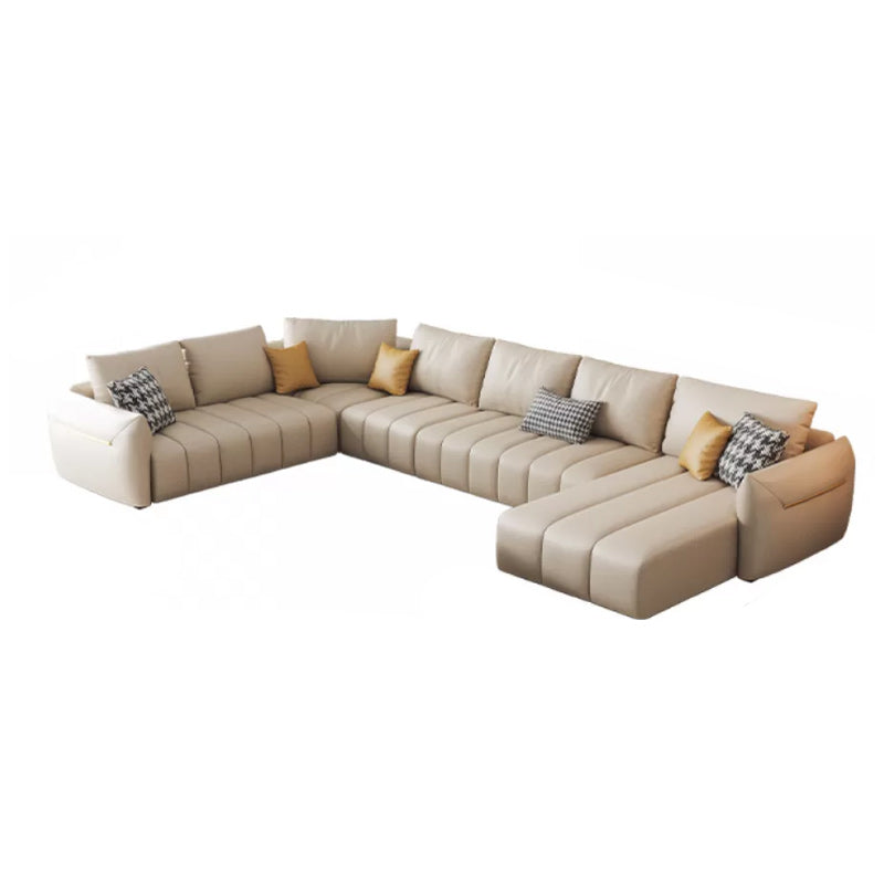Contemporary Square Arm Loose Back Sofa and Chaise Beige Faux Leather U Sofa