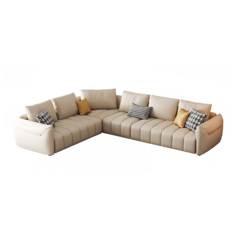Contemporary Square Arm Loose Back Sofa and Chaise Beige Faux Leather U Sofa