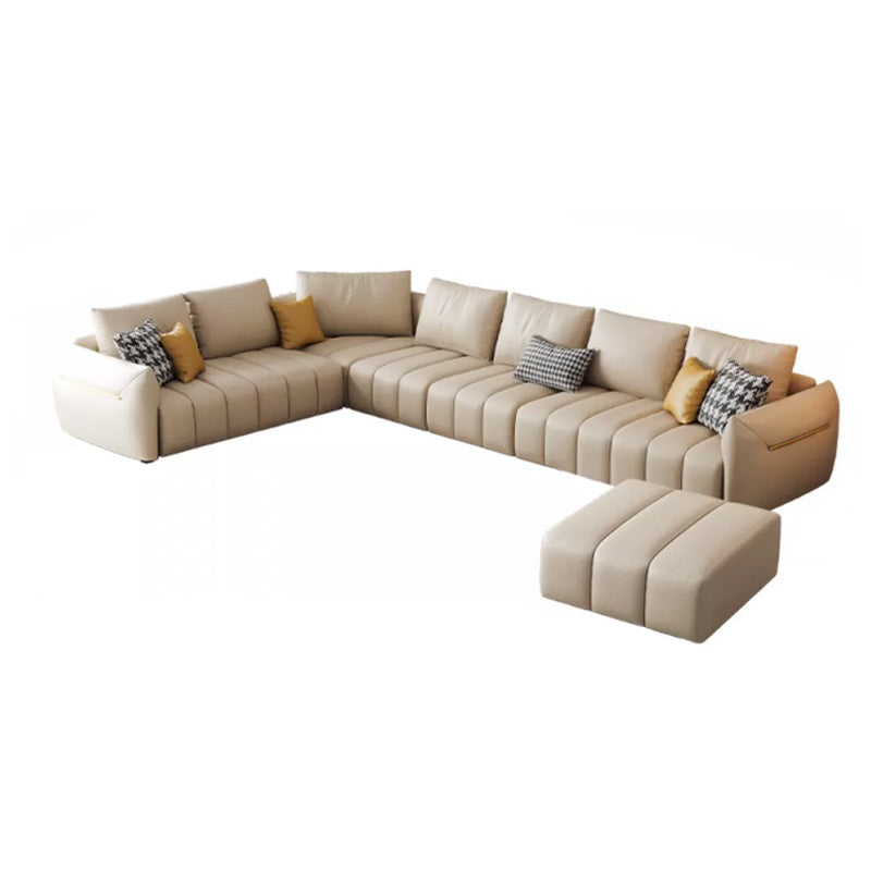 Contemporary Square Arm Loose Back Sofa and Chaise Beige Faux Leather U Sofa