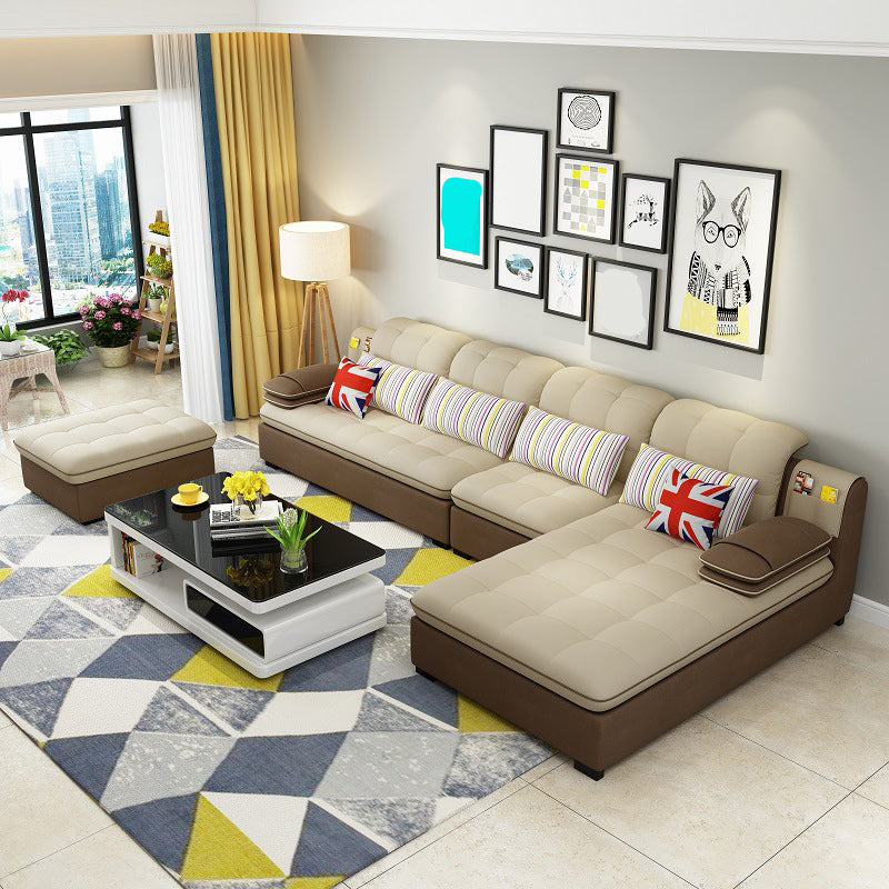 Farmhouse Linen Sofa with Chaise Pillow Top Arm 4-Seater Sofa