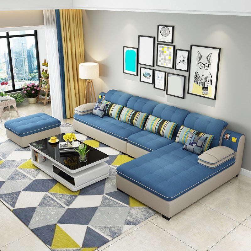 Farmhouse Linen Sofa with Chaise Pillow Top Arm 4-Seater Sofa