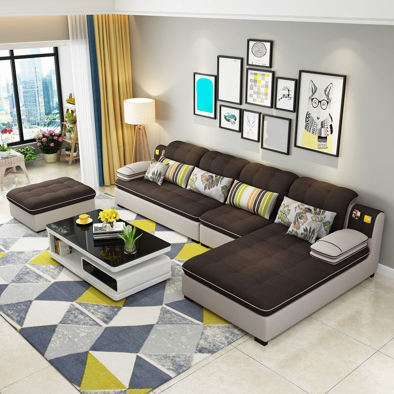 Farmhouse Linen Sofa with Chaise Pillow Top Arm 4-Seater Sofa