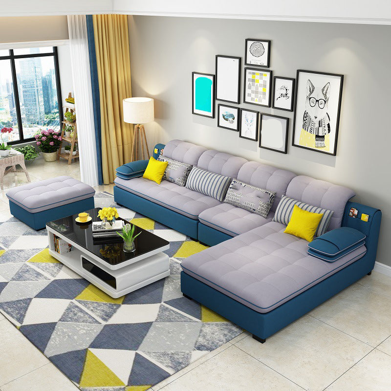 Farmhouse Linen Sofa with Chaise Pillow Top Arm 4-Seater Sofa