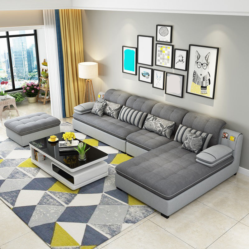 Farmhouse Linen Sofa with Chaise Pillow Top Arm 4-Seater Sofa