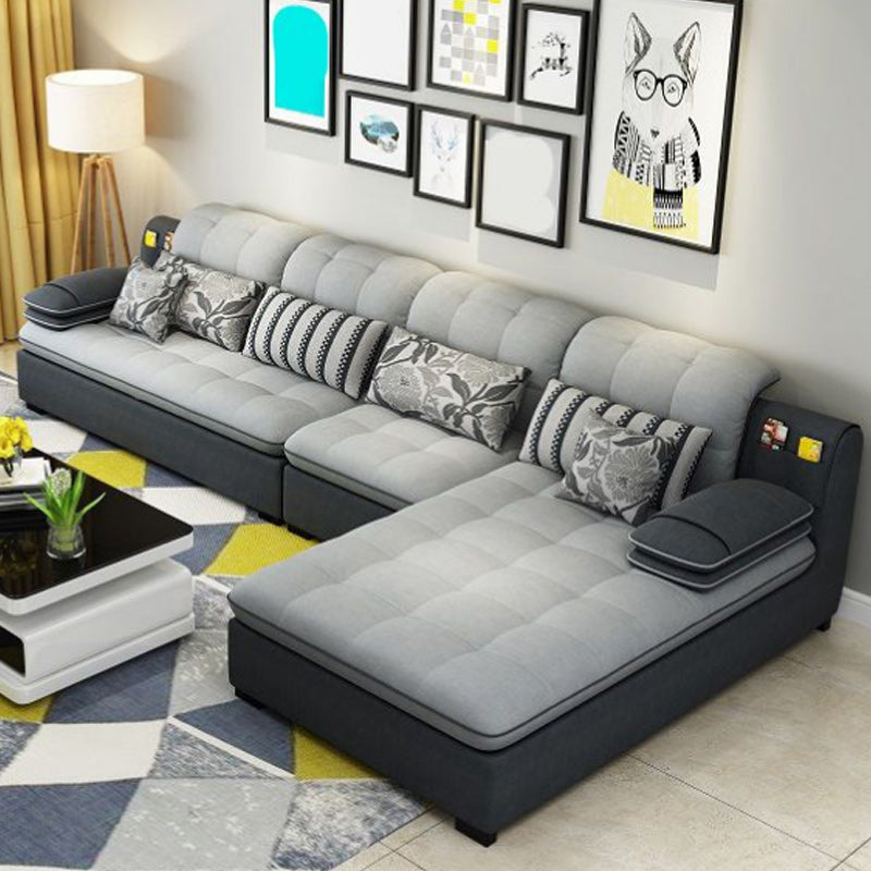 Farmhouse Linen Sofa with Chaise Pillow Top Arm 4-Seater Sofa