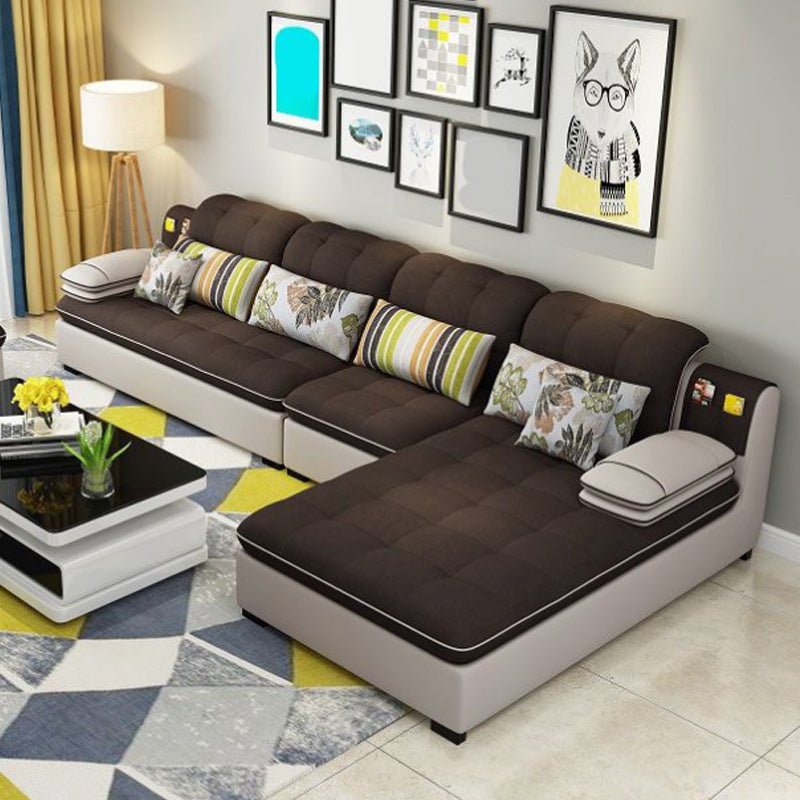 Farmhouse Linen Sofa with Chaise Pillow Top Arm 4-Seater Sofa