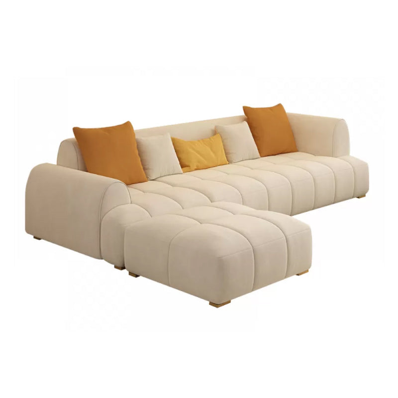 Recessed Arm Sofa Contemporary L Faux Leather Sofa with Pillows