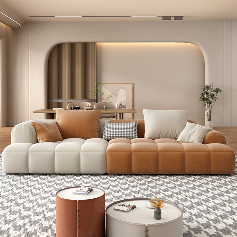 Recessed Arm Sofa Contemporary L Faux Leather Sofa with Pillows