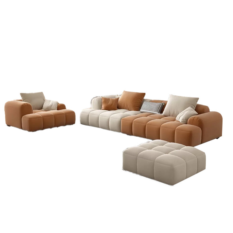 Recessed Arm Sofa Contemporary L Faux Leather Sofa with Pillows