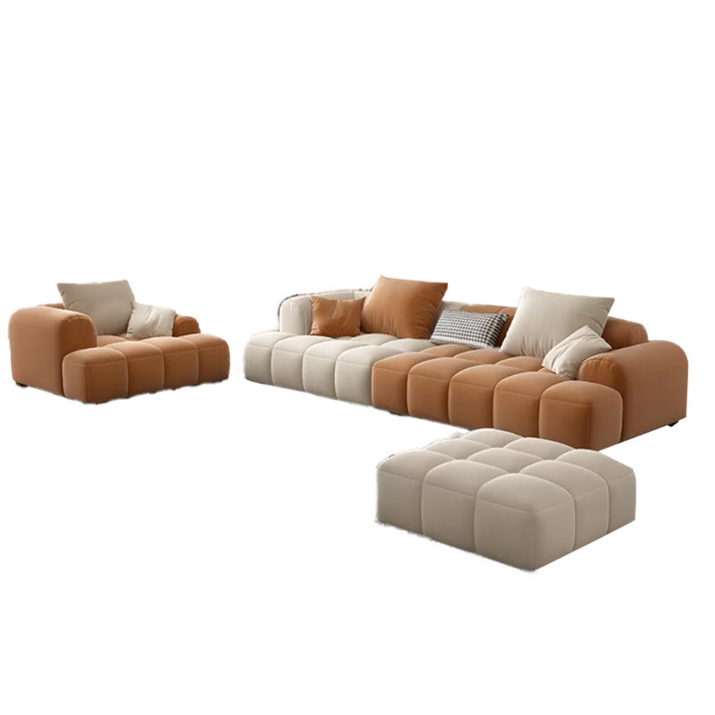 Recessed Arm Sofa Contemporary L Faux Leather Sofa with Pillows