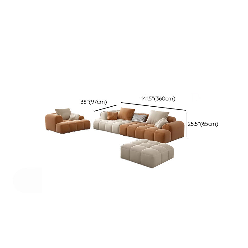 Recessed Arm Sofa Contemporary L Faux Leather Sofa with Pillows