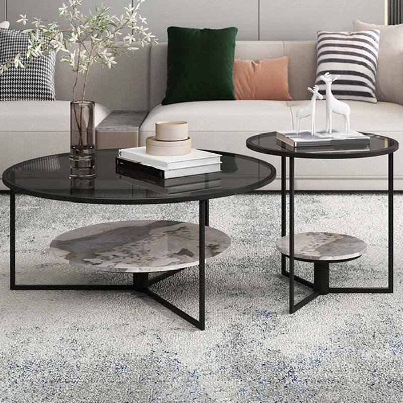 Contemporary Coffee Table Round Glass Top Cocktail Table with Storage