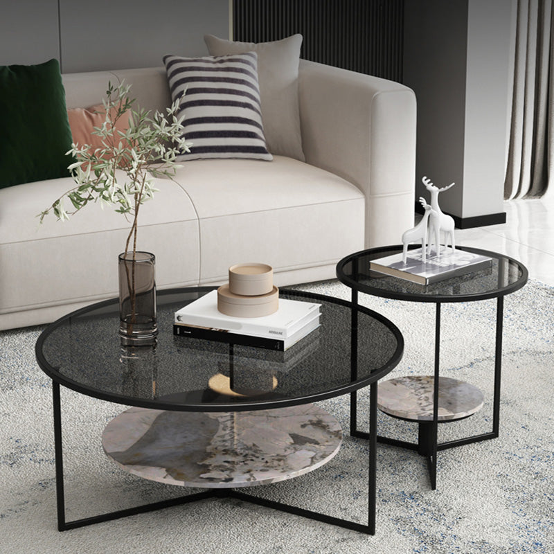 Contemporary Coffee Table Round Glass Top Cocktail Table with Storage