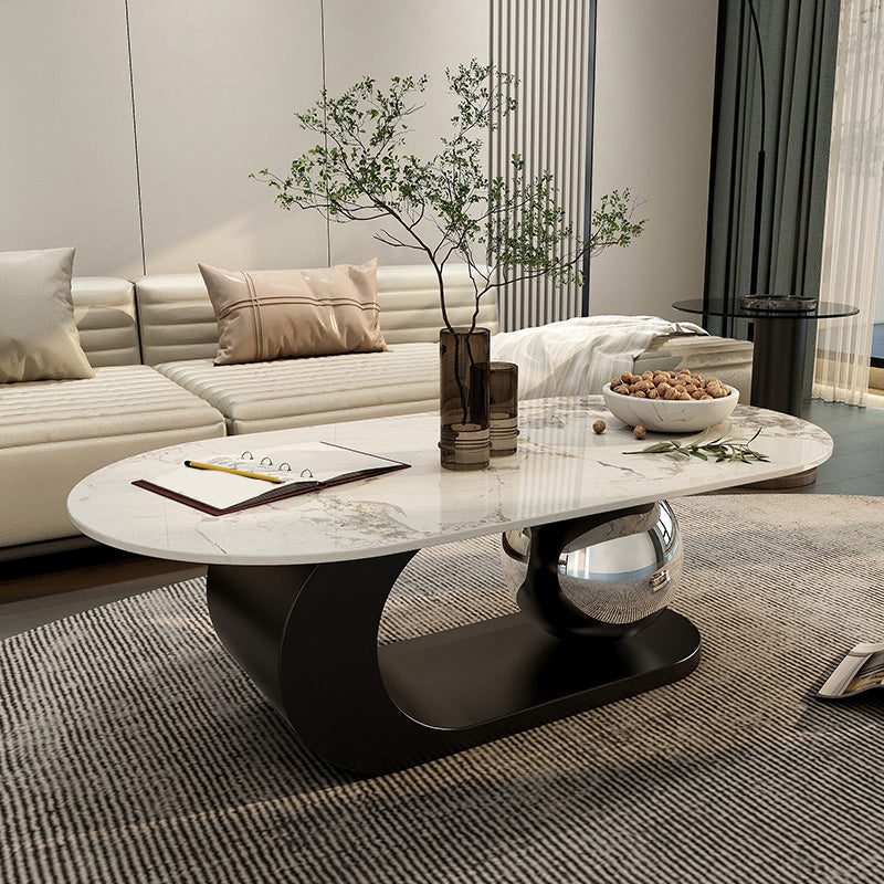 14"H Glam Coffee Table Slate Oval Pedestal Coffee Cocktail Table