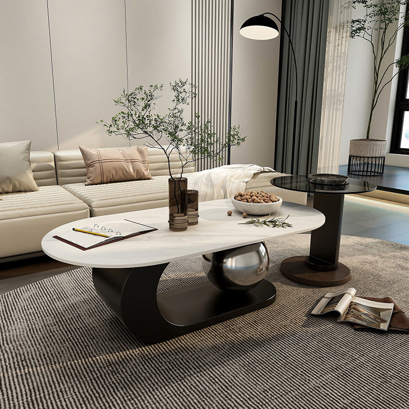 14"H Glam Coffee Table Slate Oval Pedestal Coffee Cocktail Table