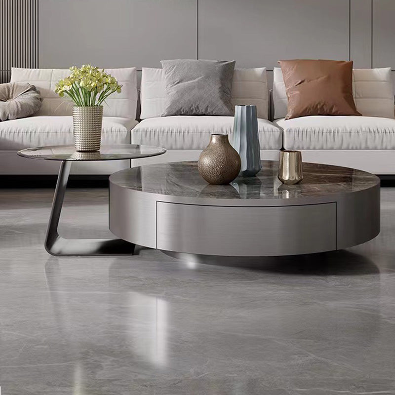 Modern Gray Cocktail Table Round Glass / Slate Coffee Table