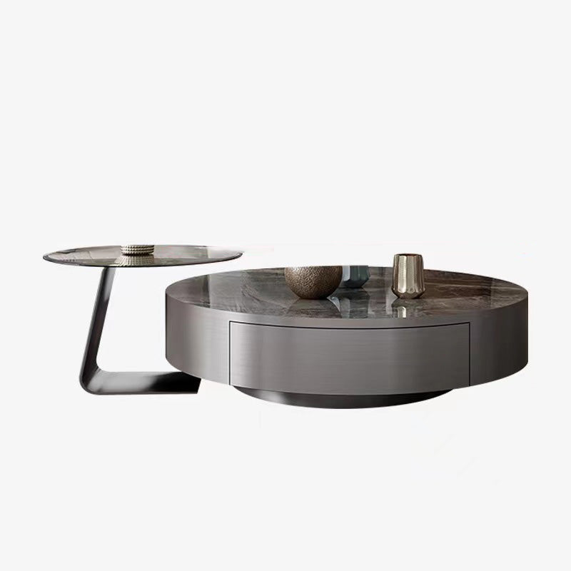 Modern Gray Cocktail Table Round Glass / Slate Coffee Table