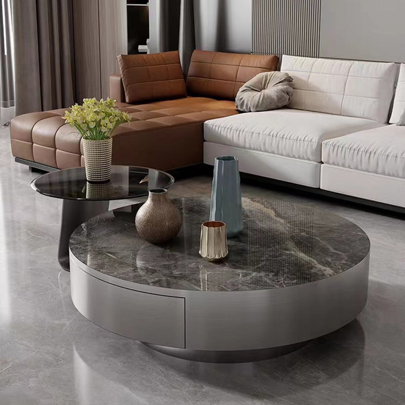 Modern Gray Cocktail Table Round Glass / Slate Coffee Table