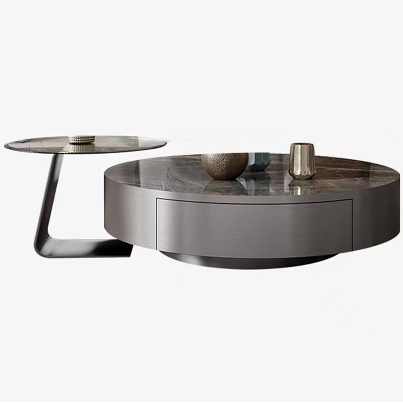Modern Gray Cocktail Table Round Glass / Slate Coffee Table