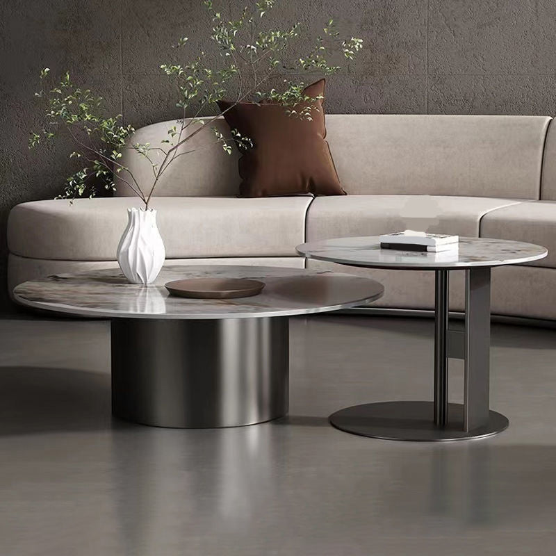 Modern Round Slate Cocktail Table Stainless Steel Pedestal Coffee Table