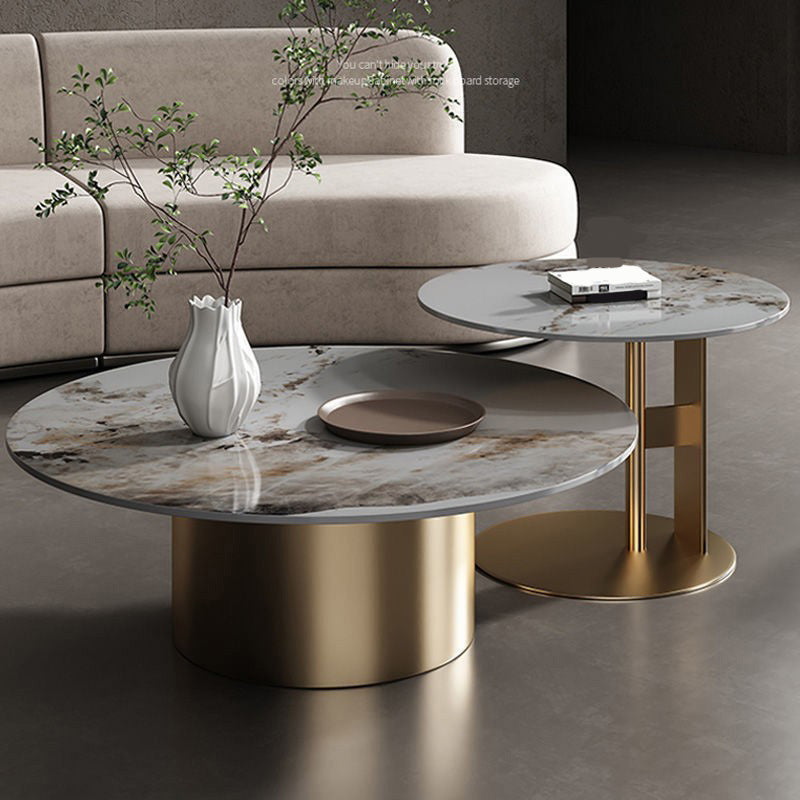 Modern Round Slate Cocktail Table Stainless Steel Pedestal Coffee Table