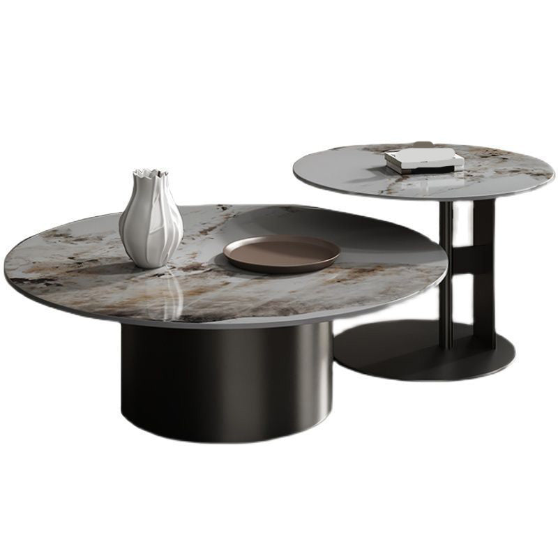 Modern Round Slate Cocktail Table Stainless Steel Pedestal Coffee Table