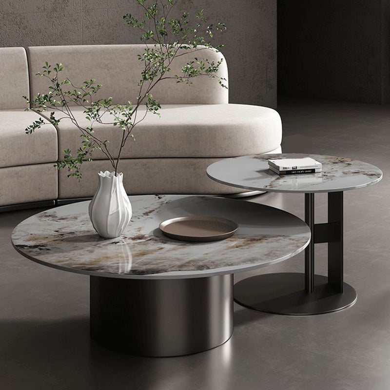 Modern Round Slate Cocktail Table Stainless Steel Pedestal Coffee Table