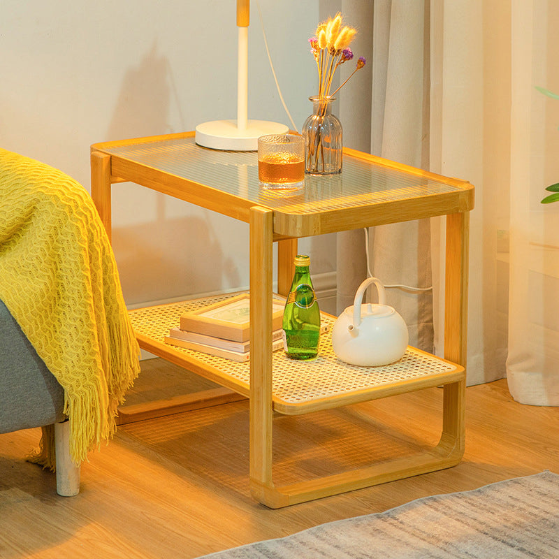 20.94" Tall Sled Side Table Asian Natural Side End Snack Table with Shelf
