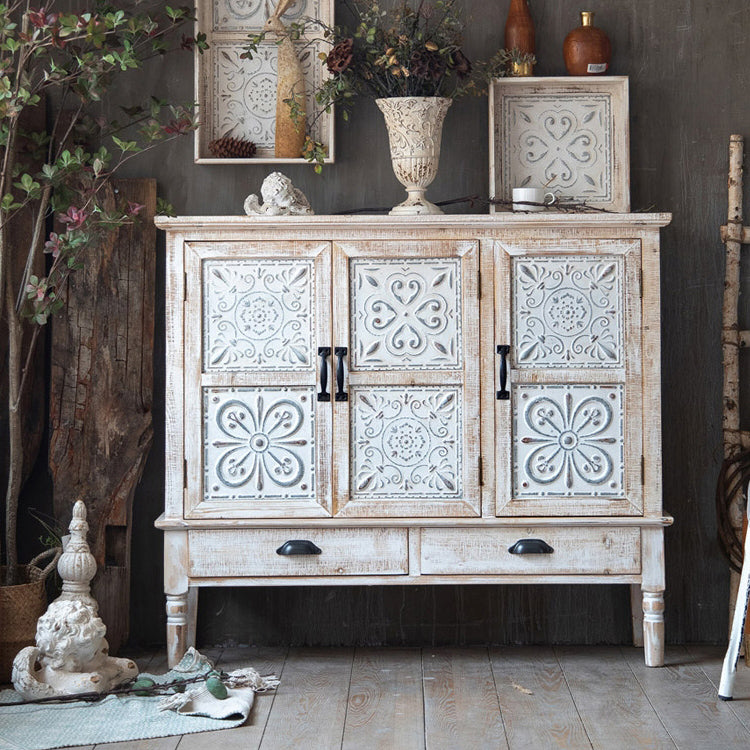 Industrial Rectangle Accent Cabinet Distressed Finish Fretwork Accent Cabinet