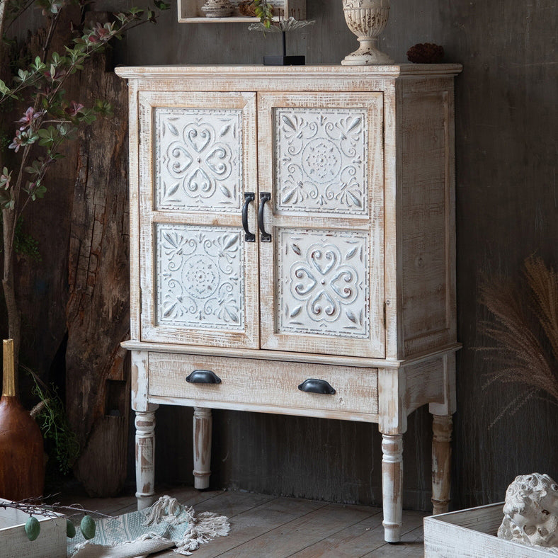 Industrial Rectangle Accent Cabinet Distressed Finish Fretwork Accent Cabinet