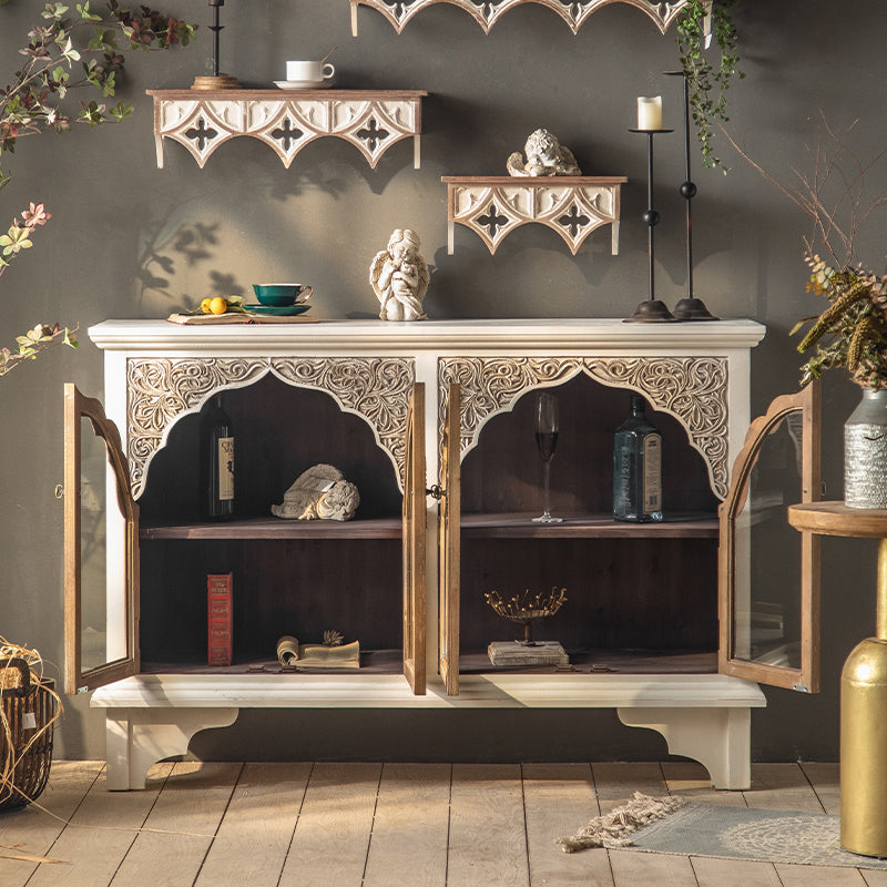 Industrial Wood Accent Cabinet Distressed Finish Fretwork Accent Cabinet