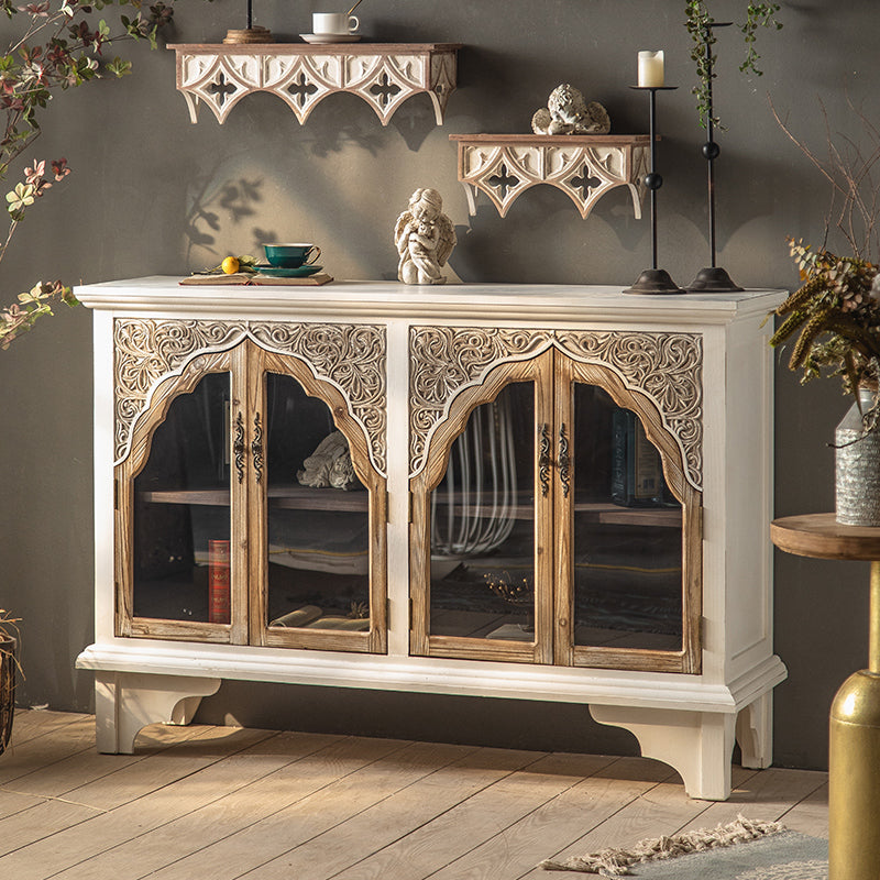 Industrial Wood Accent Cabinet Distressed Finish Fretwork Accent Cabinet